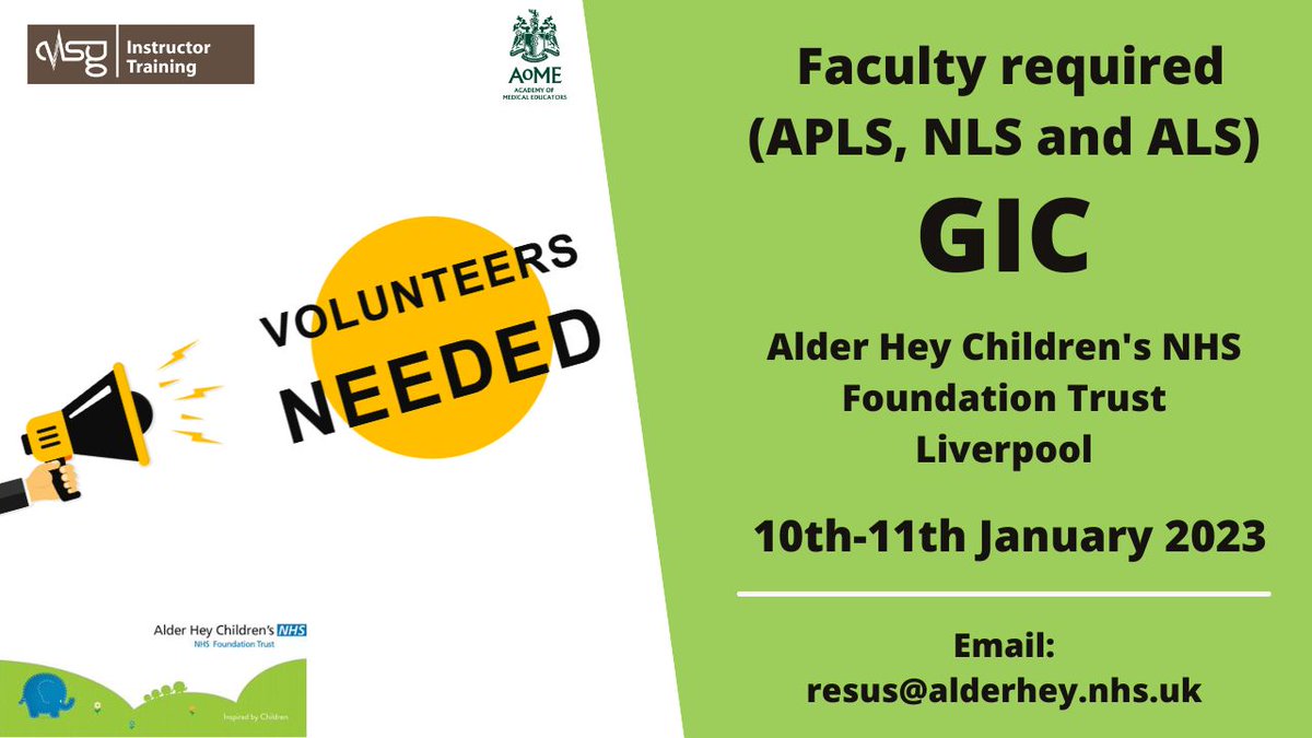 _ALSG_'s tweet photo. Calling all GIC instructors! Can you help out on Alder Hey's GIC course on 10-11 January? Please email resus@alderhey.nhs.uk if you are available. #FutureInstructors #SaveLives #MedicalEducation @AlderHey https://t.co/xAkrOvVMxh