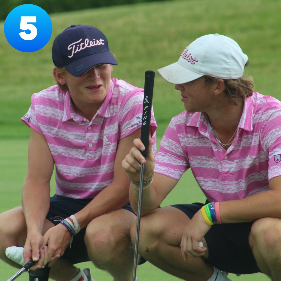 Cooper Eberle and his caddie planned their outfits well. The pink Titleist lettering is probably the most impressive part.