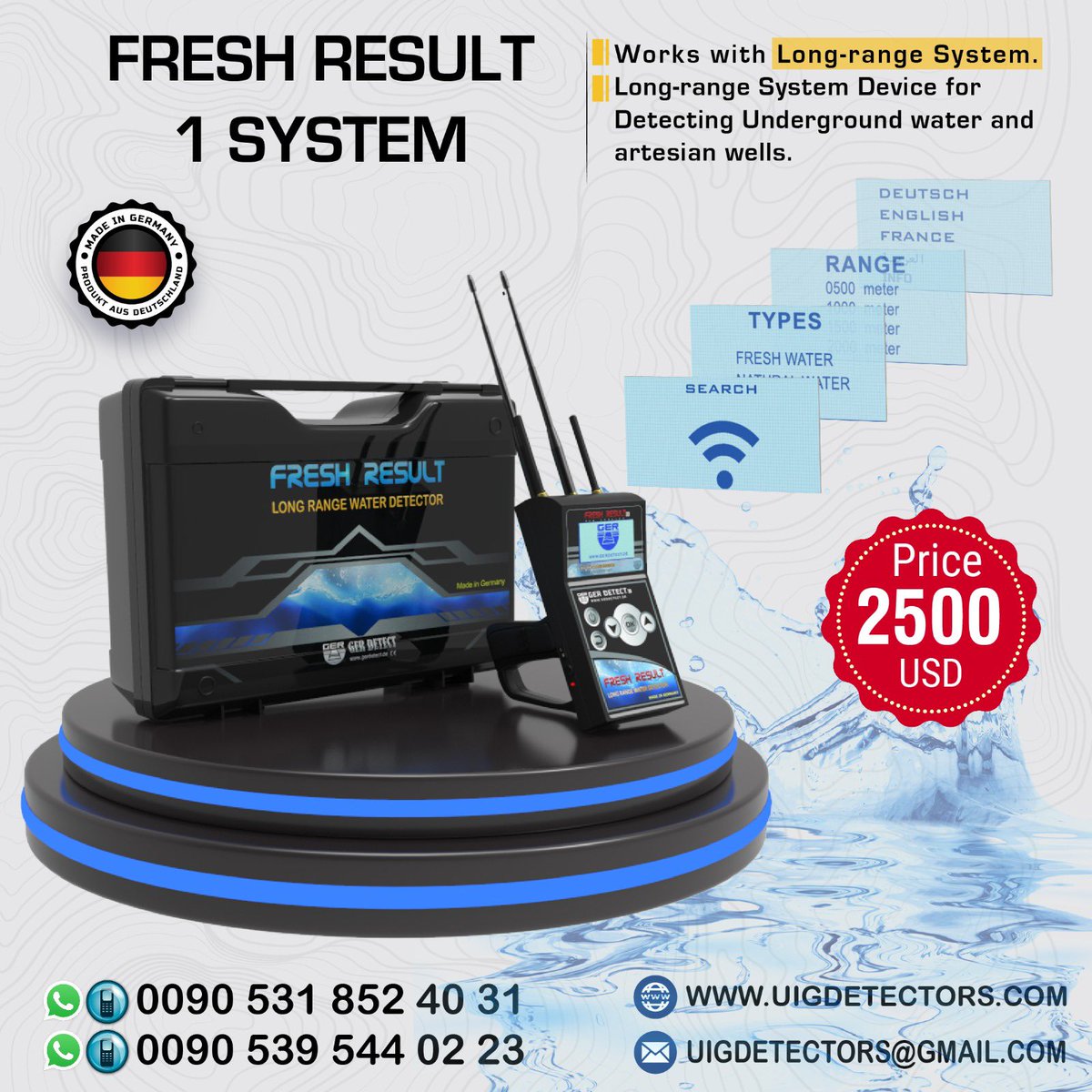 UIGDETECTORS's tweet photo. #FRESHRESULT - LONG RANGE WATER Detector
Long range system to detect underground #water and artesian wells
Ease of use, accuracy of performance, lightness in weight the Long range of the device 2,000 meters perpendicular And the depth of the machine a maximum of 1200 meters https://t.co/20h9YjAmHE