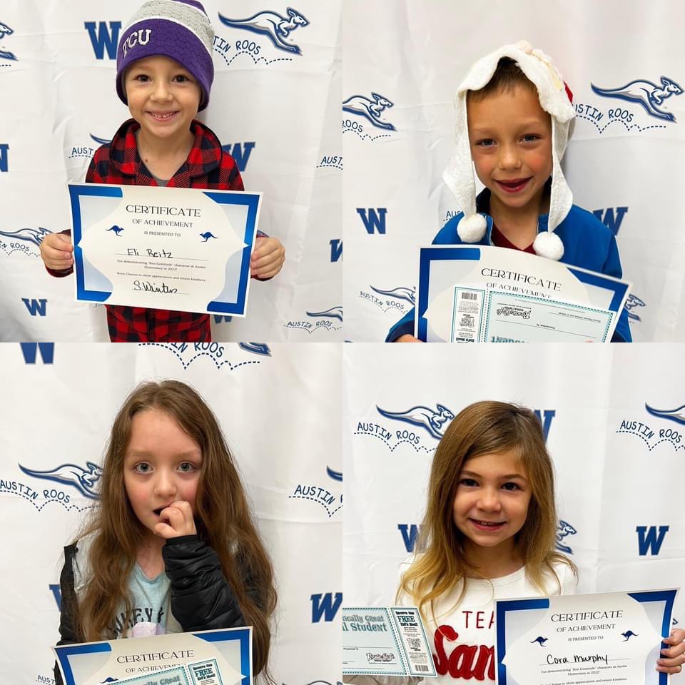 MrsKendallBerry's tweet photo. December character trait winners! Roos Choose “Gratitude.” Showing appreciation and returning kindness. 💙 Staff winner is Mrs. Tompkins. 
#whywisd #austinblueroos https://t.co/t8vb1BLcvx