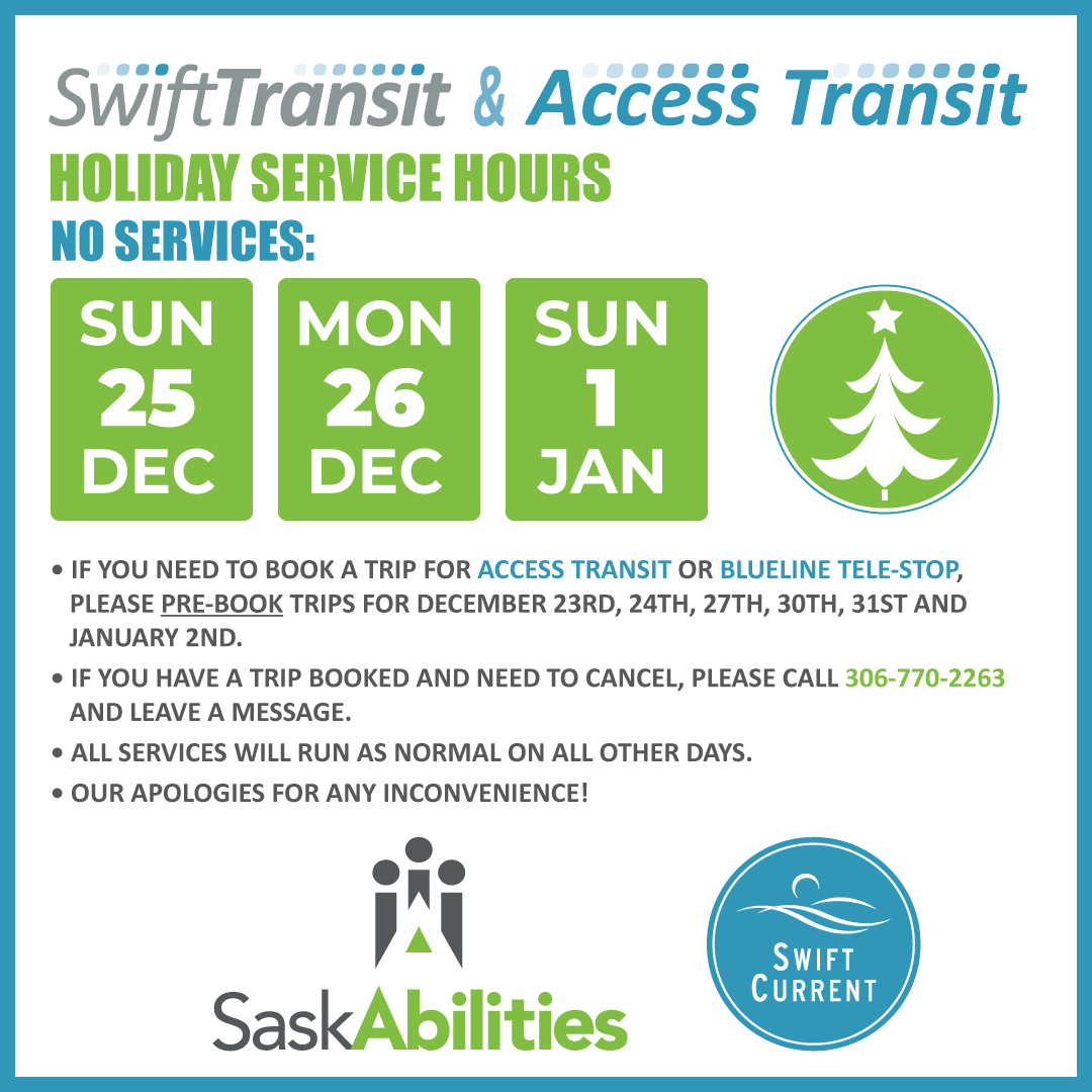 City_SC's tweet photo. There will be some service interruptions to Swift Transit and Access Transit over the holiday season, including no service on Dec 25, 26 and Jan 1. 

Trips for Access Transit or Blueline Tele-stop on Dec 23, 24, 27, 30, 31 and Jan 2 must be pre-booked. https://t.co/Bc6w9CZUir