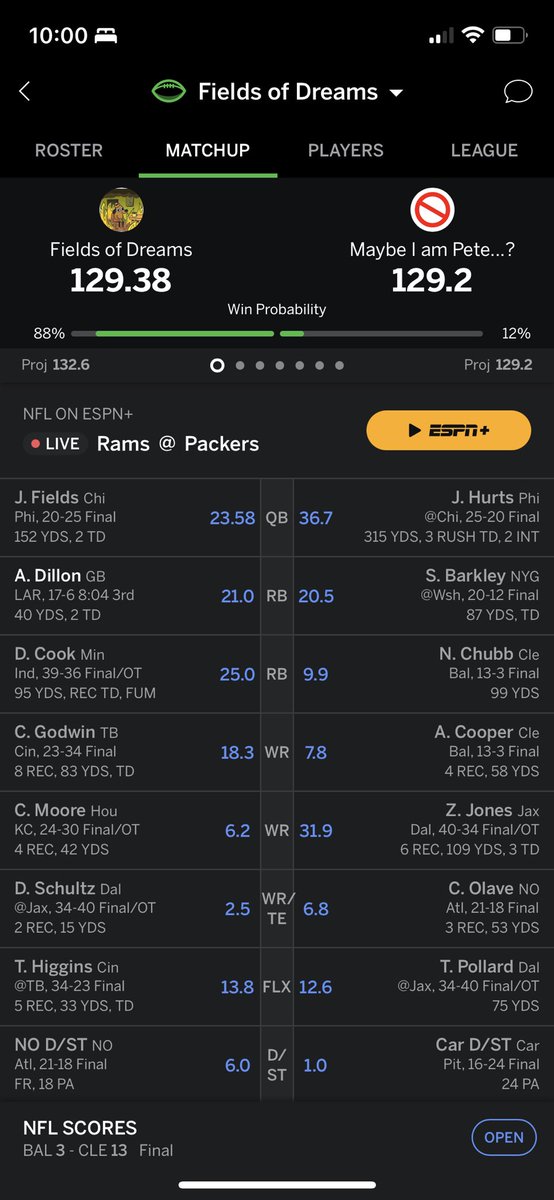 Tony_Fontana's tweet photo. @NFLFantasy Dillon’s 40-2 put me ahead. I ended up losing after his next carry for -4 yards and him leaving the game 💔 https://t.co/kMSwJMsUnd