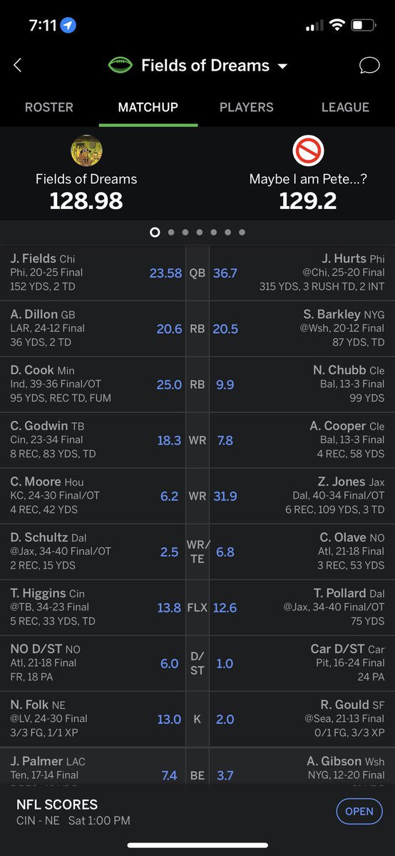 Tony_Fontana's tweet photo. @NFLFantasy Dillon’s 40-2 put me ahead. I ended up losing after his next carry for -4 yards and him leaving the game 💔 https://t.co/kMSwJMsUnd
