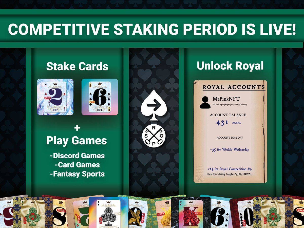 RoyalSocietyOP's tweet photo. $ROYAL can be redeemed in the Royal Marketplace via Auctions/Drawings/Buy Now opportunities to acquire blue chip #NFTs, rare IRL Collectables, and unique IRL experiences.
Stake cards + play #RSOP community games to earn even more $ROYAL 🏆
#CompetitiveStaking #RoyalRumble https://t.co/fcsHWHxw9B
