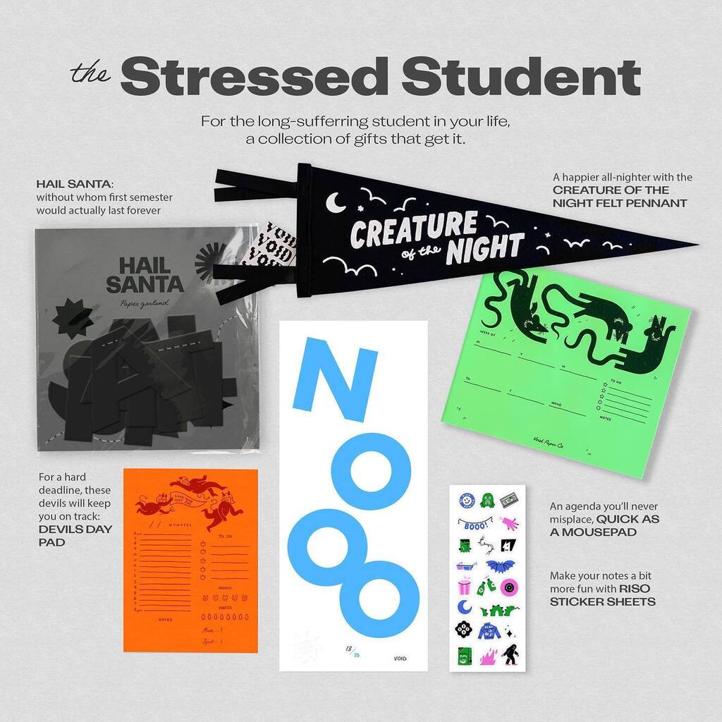 VoidPaperCo's tweet photo. Gifting with the void, Ep.3: The Student! 

Final stretch before Christmas! No guarantees on shipping but we will have local orders ready for pickup before the weekend 💚 https://t.co/f9z15haO6K https://t.co/sP9TRp4ptI