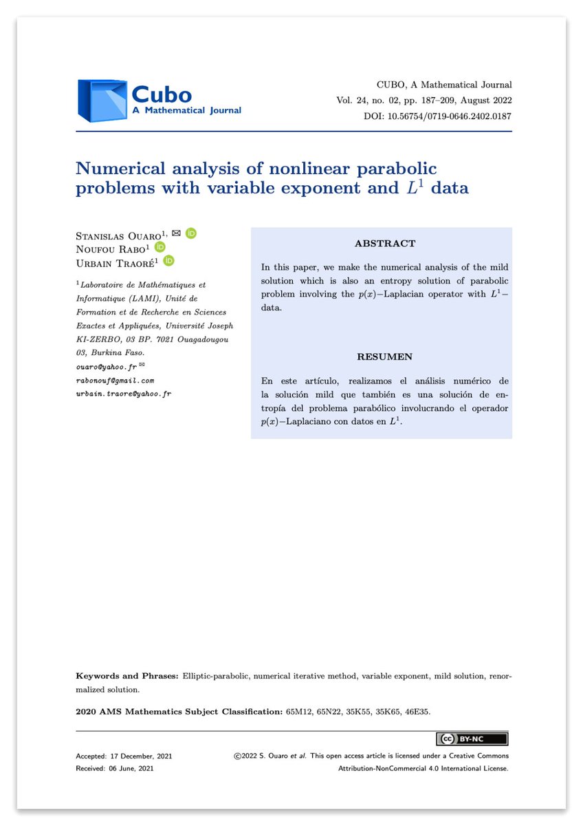 Cubo_Journal's tweet photo. 📄 “Numerical analysis of nonlinear parabolic problems with variable exponent and L^1 data” by Stanislas Ouaro, Noufou Rabo and Urbain Traoré. Check out the article here: https://t.co/0gXcHkxti6

DOI: https://t.co/heJ8HAlBLE

#science #article #math #mathscinet #wos #scopus https://t.co/5NSs2SFnUw