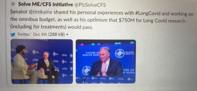 Checking through the omnibus this morning, it appears that Congress did not include *any* funding for Long COVID research. 

Just a few weeks ago, @SenKaineTeam / <a href="/timkaine/">Tim Kaine</a> expressed optimism this would be included in the budget.

What..[refrains from strong language] happened?