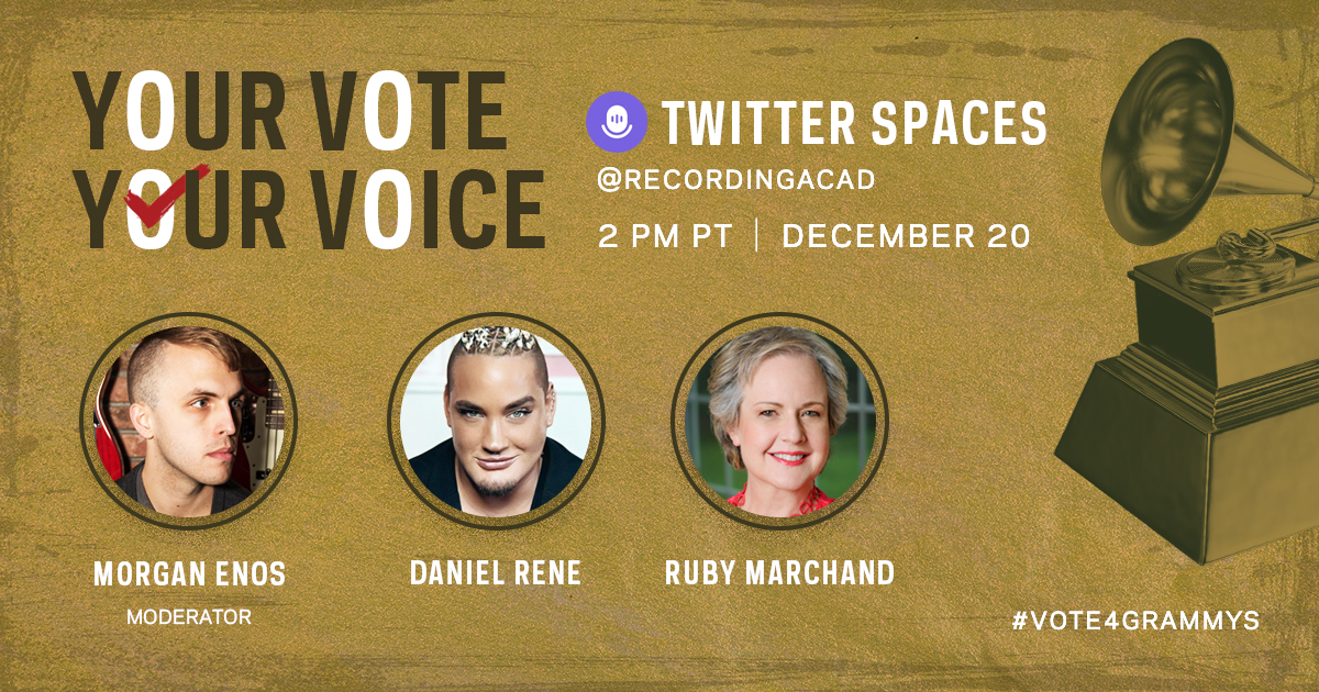 👏 As a Voting Member of the #RecordingAcademy, you're a powerful driver of change. Join our @TwitterSpaces TODAY at 2pm PT.

Moderator: <a href="/otherhouses/">Morgan Enos</a>.

Guest Speakers: <a href="/RubyMarchand1/">Ruby Marchand</a> and <a href="/DanielReneMusic/">Daniel Rene Music</a>.

Join the conversation ⤵️ 
grm.my/3PTquSB