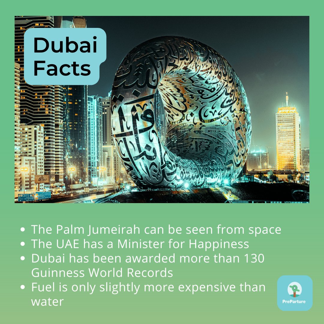 Preparture_Inc's tweet photo. 4 strange but true facts about Dubai!

#dubaifacts #didyouknow #strangefacts #habibi #cometodubai #preparture #managetours #bookus #travelagency https://t.co/j2FhjDfE6X