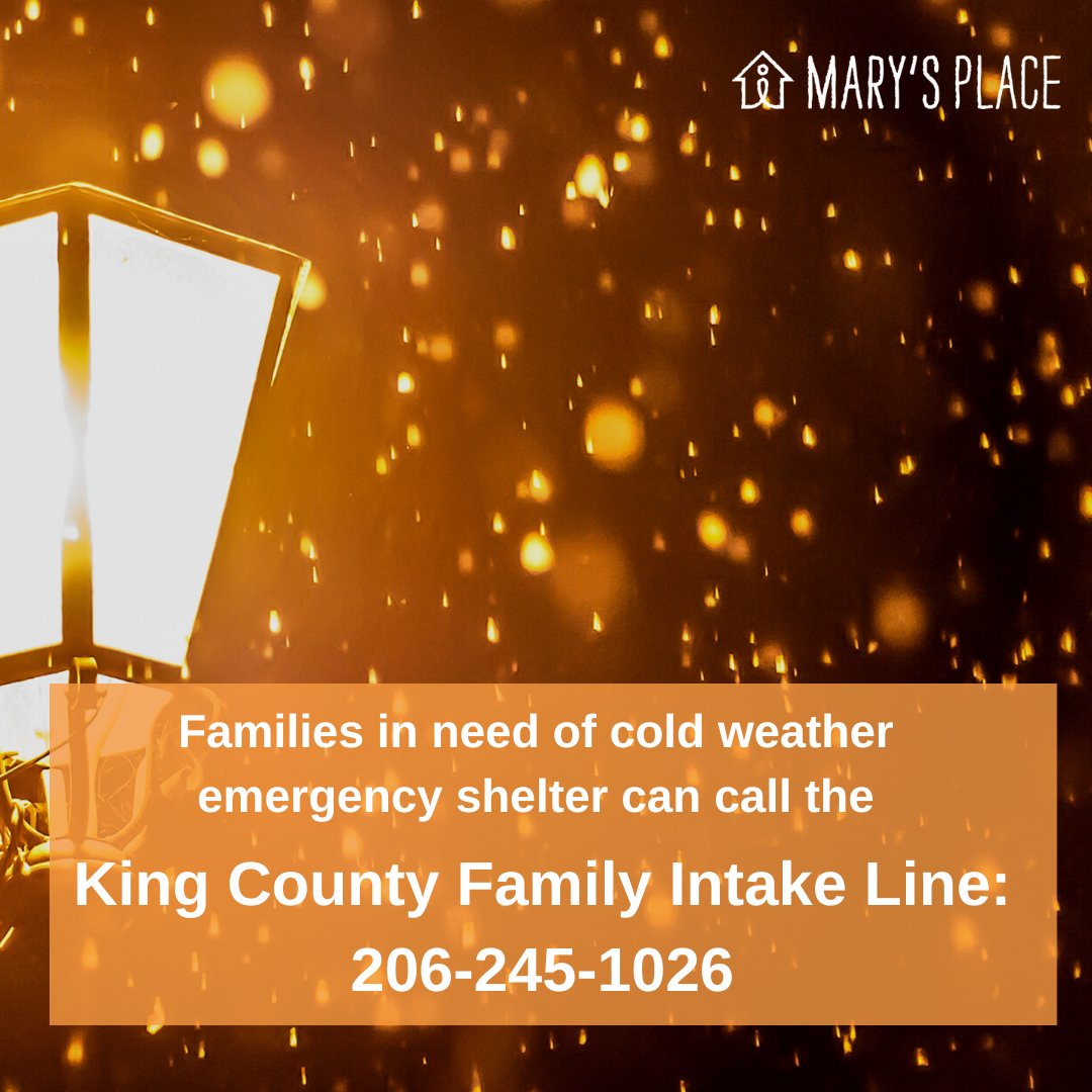 When temperatures are below freezing, we ensure no family is left outside. Families in need of cold weather shelter can call the King County Family Intake Line at 206-245-1026. Our Women's Day Center is open 7:00 am - 3:30 pm for warm meals and resources at 1830 9th Ave, Seattle.