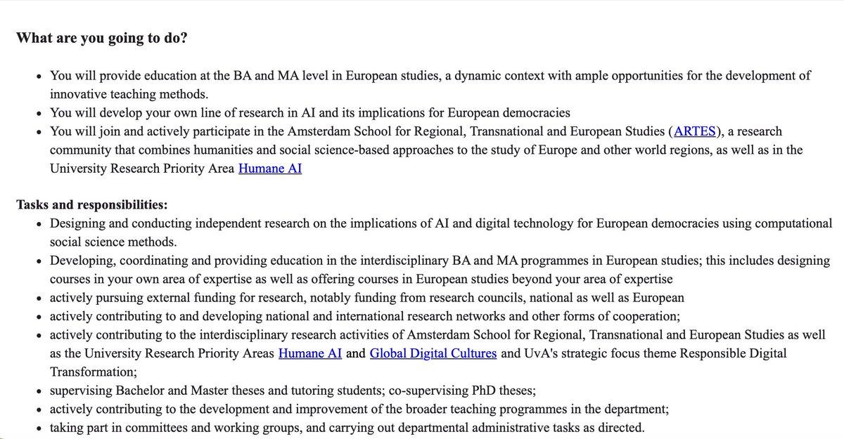 We are hiring at @ArtesUva! Assistant Professor in #AI and European democracies, w/expertise in computational social sciences. DL 5 Feb 2023. I am chairing the committee, happy to answer questions vacatures.uva.nl/UvA/job/Assist… @womenalsoknow @POCalsoknow @UvA_Amsterdam @aces_for