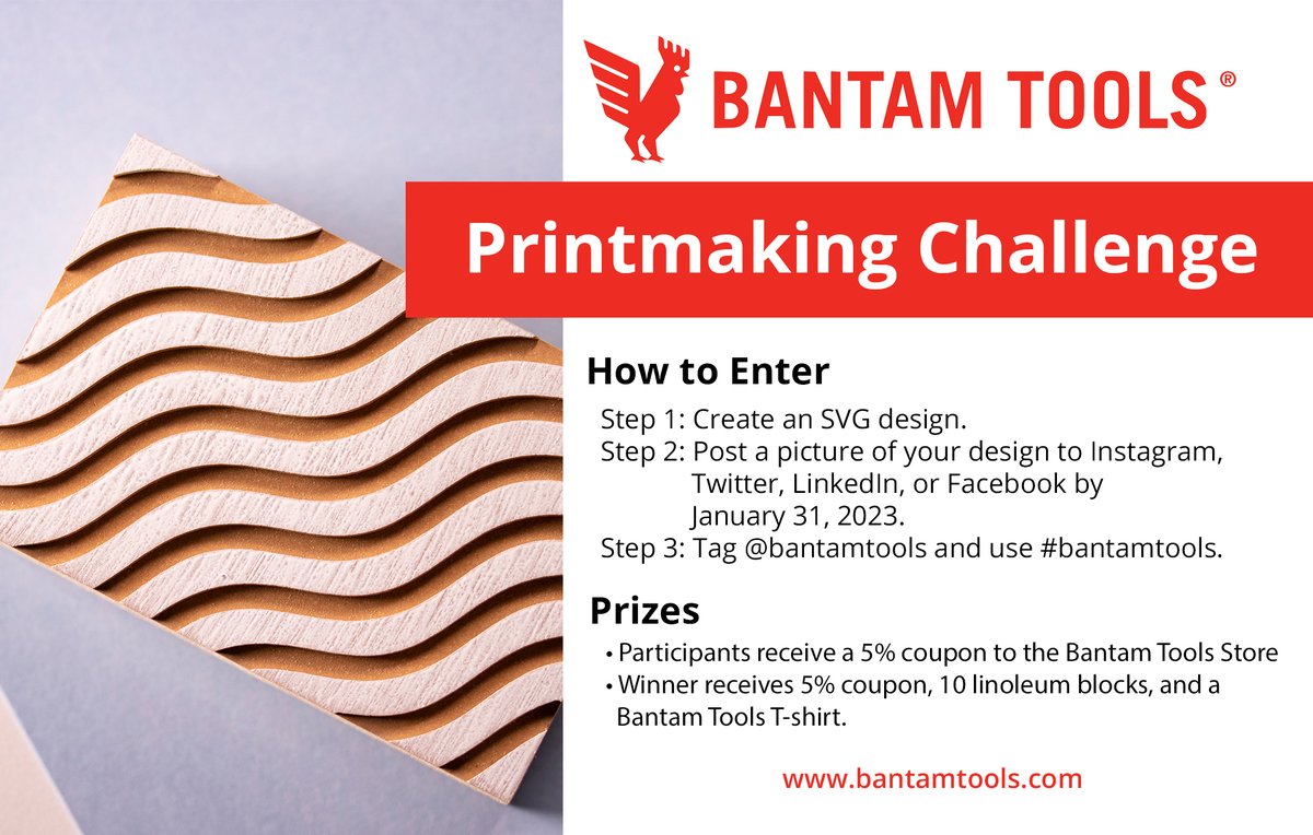 bantamtools's tweet image. The Bantam Tools Printmaking Challenge is underway! Enter now through January 31, 2023 to get a 5% coupon for the Bantam Tools store, plus a chance to win a 10-pack of linoleum blocks and a Bantam Tools T-shirt. #bantamtools #art #design #cnc #prints #contest