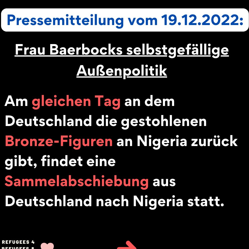 Frau @ABaerbock's selbstgefällige Außenpolitik:
Am gleichen Tag an dem Deutschland die gestohlenen Bronze-Figuren an Nigeria zurück gibt, findet eine Sammelabschiebung aus Deutschland nach Nigeria statt: refugees4refugees.wordpress.com/2022/12/19/pre…