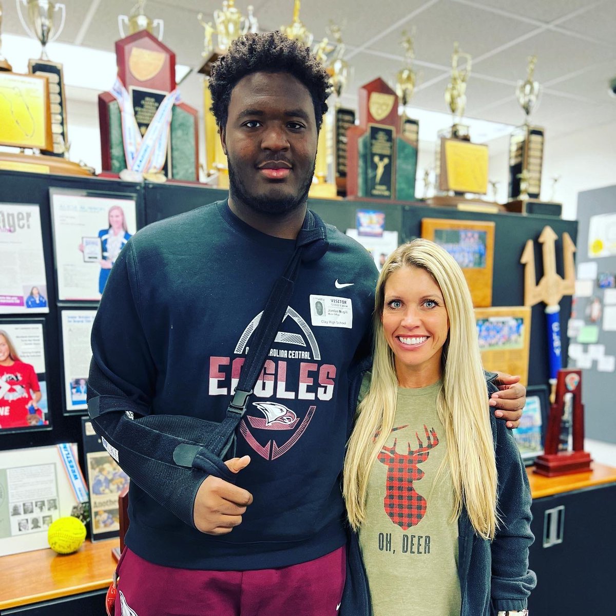 Clay_Athletics's tweet photo. It’s always great when they come back to see you, and today was special that Jordan McGill stopped by for a visit!  Jordan and his NC Central team is fresh off the HBCU National Championship win over previously undefeated Jackson State!  We are proud of you Jordan! 
@JordanM0823 https://t.co/CirqolKyPb