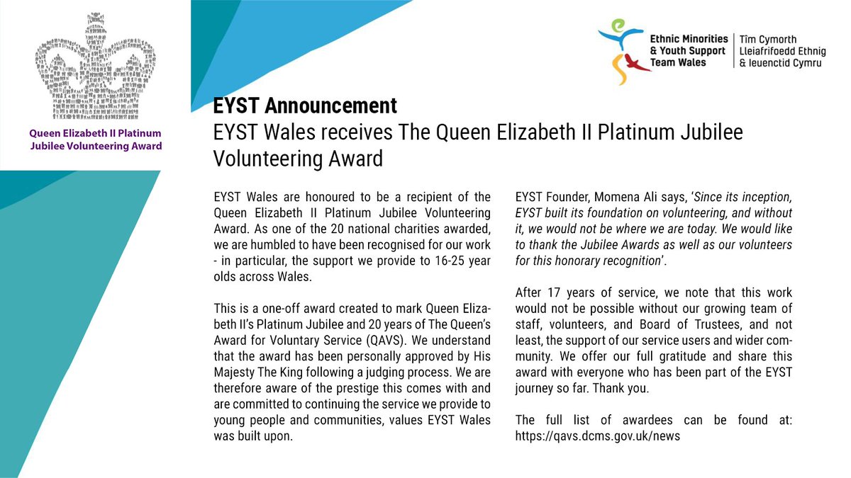 ⭐️ We are delighted to announce that EYST Wales has been awarded The Queen Elizabeth II Platinum Jubilee Volunteering Award, signed off by His Majesty The King. We thank our Volunteers, who without them, this award would not be possible. 🙏🏾 #PlatinumJubileeQAVS

Press Release: