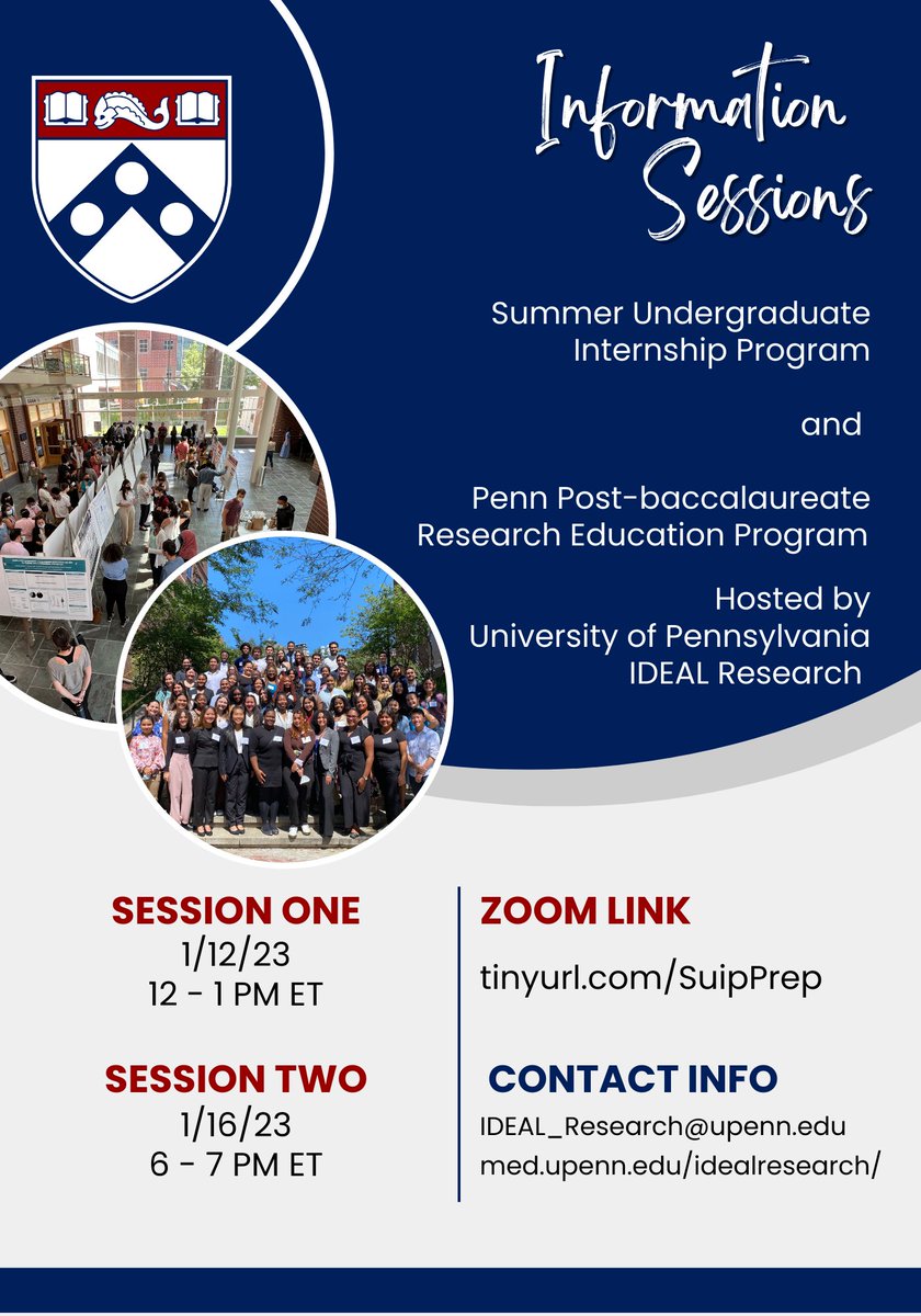 Attn: Undergrads! Interested in biomed research? <a href="/PennMedicine/">Penn Medicine</a> offers an immersive summer research program #PennSUIP &amp; a fantastic post-bacc program #PennPrep! 🔬🧬 To learn more, join us 1/12/23 (12-1p ET) or 1/16/23 (6-7p ET): tinyurl.com/SuipPrep #phdchat @IDEAL_research