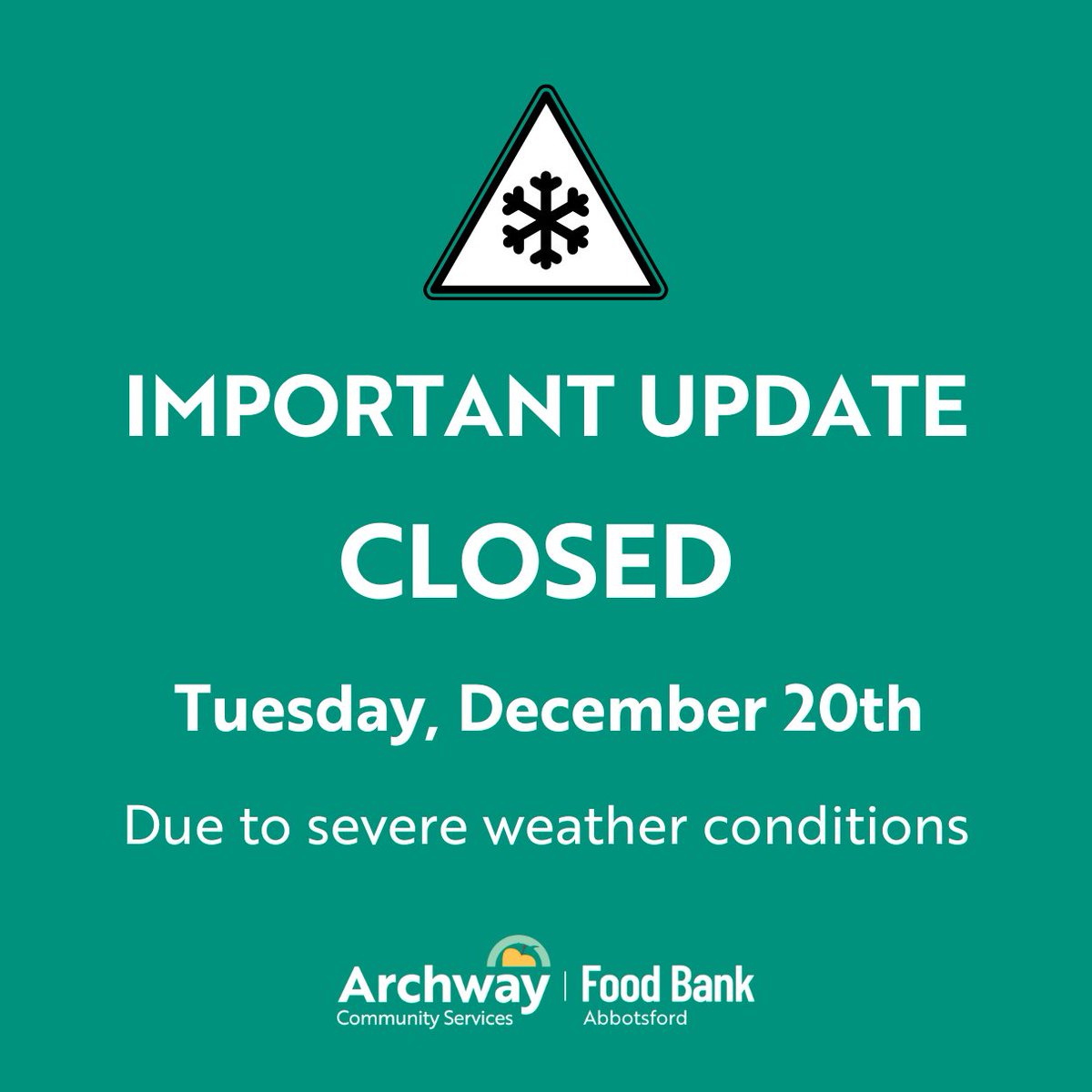 IMPORTANT UPDATE!

Due to the severe weather conditions, and in consideration of recent updates from the APD and BC Transit, our Food Bank will be closed until further notice.

Please continue to be watching our social media channels for further updates.