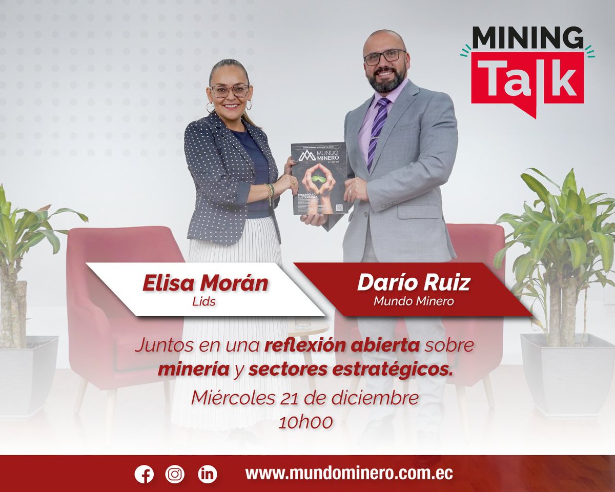 mundomineroec's tweet photo. 𝗠𝗜𝗡𝗜𝗡𝗚 𝗧𝗔𝗟𝗞 

Mundo Minero y @lidsec se juntan para promover un análisis abierto sobre minería y sectores estratégicos

📌 Primer programa este miércoles 21 de diciembre 
📍TEMA: Análisis del ENAEP

#MundoMineroTV #news #periodismo #mineríaresponsable #expansiónminera https://t.co/MVgTxULrKa