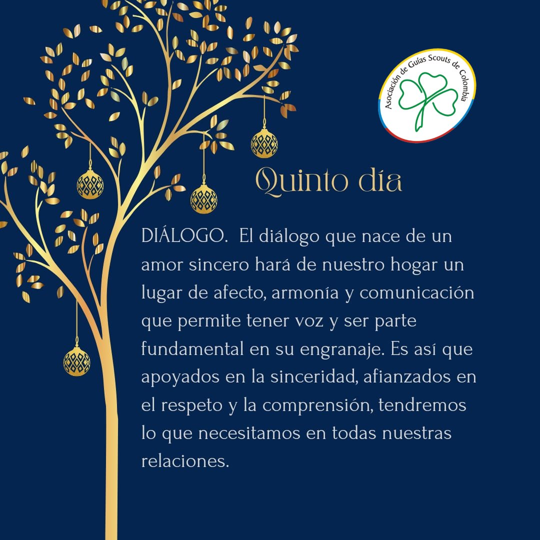 Guias_ScoutsCol's tweet photo. DIÁLOGO.  El diálogo que nace de un amor sincero hará de nuestro hogar un lugar de afecto, armonía y comunicación que permite tener voz y ser parte fundamental en su engranaje. 
#Navidad #Novenas #AGSC #WAGGGS #AMGS #Colombia #GuíasScouts #Scouts https://t.co/ZvrsMSBc3W