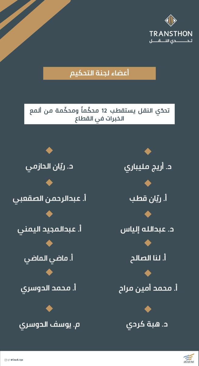 Saudi_TGA's tweet photo. نخبة استثنائيّة من ألمع الخبراء وأصحاب التجربة في المجال تشكّلها لجنة تحكيم #تحدي_النقل. 

#TRANSTHON https://t.co/pg2xlSldlW