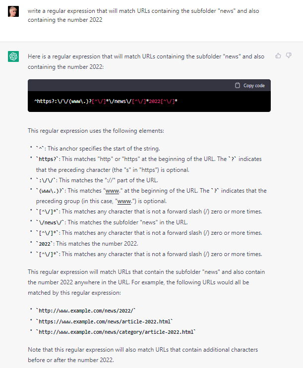 lilyraynyc's tweet photo. I've been using GPT-3 to write my regex commands to filter GSC page data and it's a game changer.

This is just a basic example but it works with much more complex commands, too: https://t.co/HQJEly3bC3