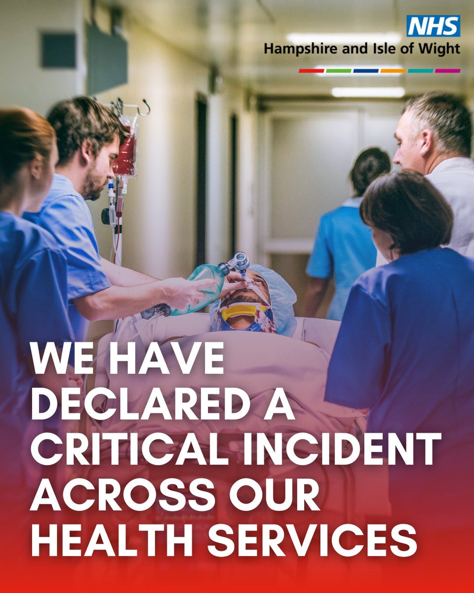 Critical incident declared. Due to the significant ongoing pressure on local NHS services, alongside the need to ensure patients continue to receive safe care, we have declared a critical incident across health services in Hampshire & Isle of Wight👉bit.ly/3hEizLZ