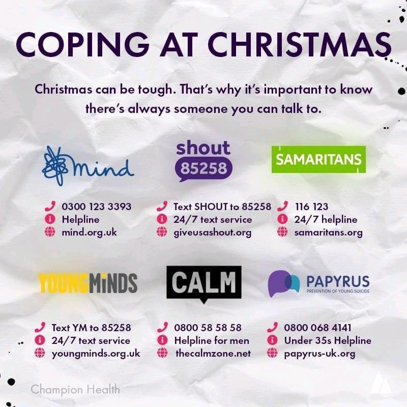 dharford79's tweet image. I’m just going to leave this here for you all to share. 

#Christmas isn’t always fun for everyone. 

#MentalHealth does suffer for many people. There is help⬇️⬇️

#MentalHealthAwareness #ItsOkayToNotBeOkay