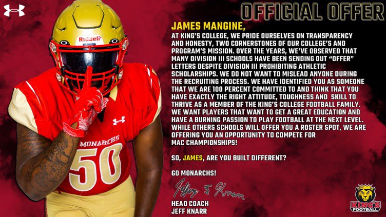 james mangine (@james_mangine) on Twitter photo After great conversation, I am blessed to receive another offer from <a href="/KingsCollegeFB/">King's Football 🏈</a>. Thank you coach <a href="/Coach_Bantell/">Chris Bantell</a> <a href="/jeff_knarr/">Jeff Knarr</a> for the opportunity! #Gomonarchs After great conversation, I am blessed to receive another offer from <a href="/KingsCollegeFB/">King's Football 🏈</a>. Thank you coach <a href="/Coach_Bantell/">Chris Bantell</a> <a href="/jeff_knarr/">Jeff Knarr</a> for the opportunity! #Gomonarchs