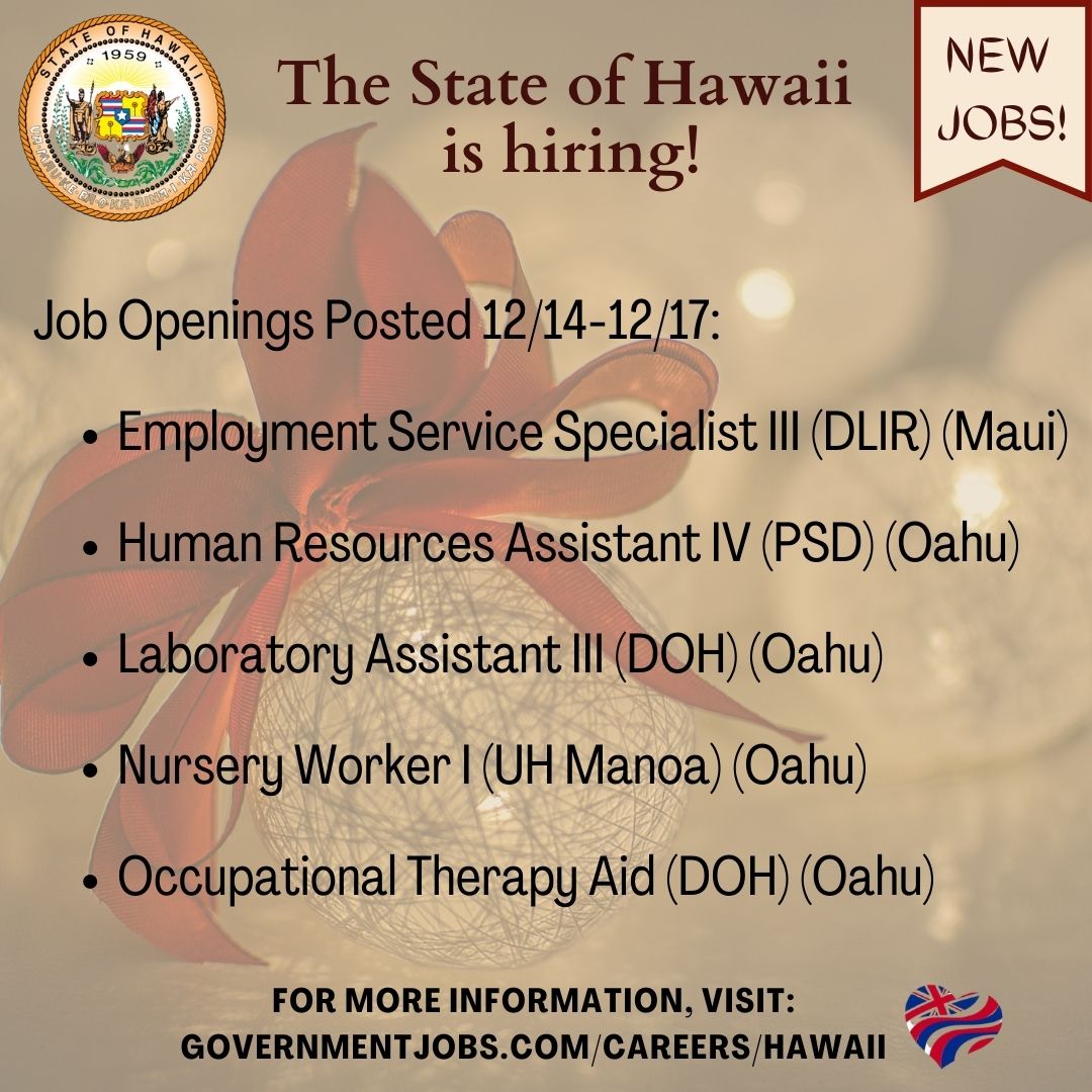 The State of Hawaii is #hiring. Please visit governmentjobs.com/careers/hawaii for more information! @hi_dlir @hawaiidoh @hawaiipsd @uhmanoa

#hawaiiishiring #stateofhawaii #statejobs #oahujobs #mauijobs #jobopenings #recruitment #civilservice #publicservice