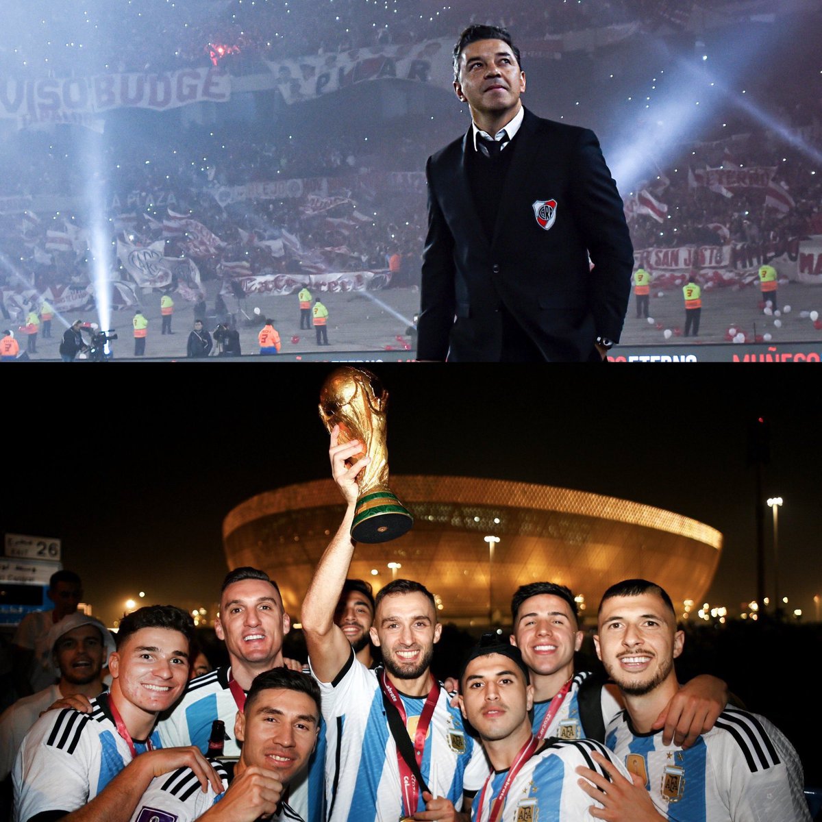 Juezcentral's tweet photo. En la foto de abajo: Montiel, Guido Rodríguez, Pezzella, Enzo, Julián Álvarez, Palacios y Armani. Los 7 fueron dirigidos por Gallardo en River y todos menos Armani, lo fueron en su etapa formativa. Todos partes de la Scaloneta, todos campeones del mundo. El legado del Muñeco. https://t.co/YkuMdP7RhD