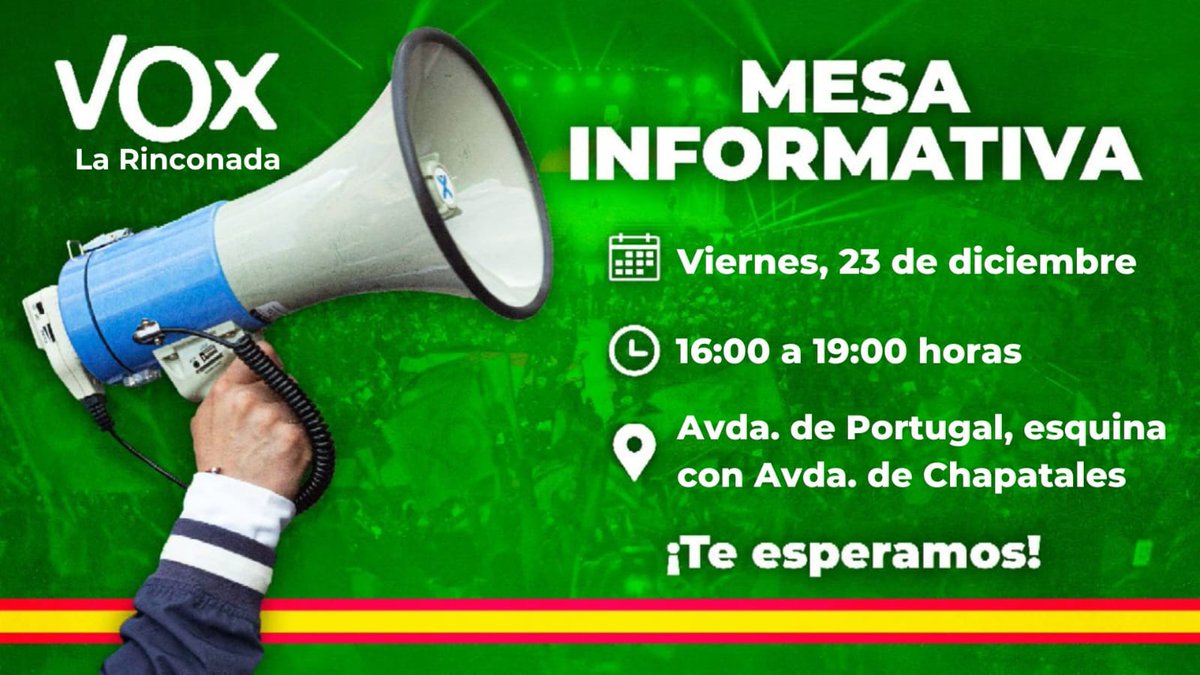 vox_san's tweet photo. 📢 Este viernes, ¡mesa informativa en La Rinconada! 

Acércate a conocer al equipo local, afiliarte, transmitirnos tus quejas e inquietudes, y conocer la #AgendaEspaña. 

¡No lo pienses, acude! ¡Te esperamos! 

Toda la información detallada
en la cartelería 👇 https://t.co/bWtKi16LgQ