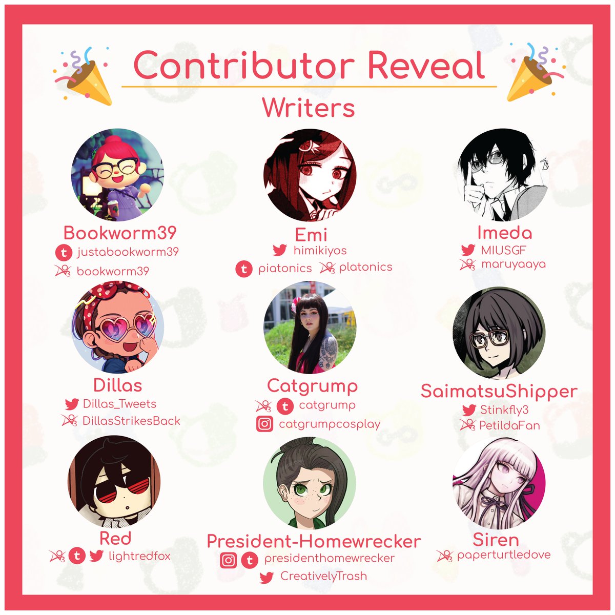 drbdayzine's tweet image. Did someone say writers? Because we did. Now presenting, our lovely writers!! @/justabookworm39 @himikiyos @MIUSGF @Dillas_Tweets @/catgrump @Stinkfly3 @lightredfox @CreativelyTrash @/paperturtledove