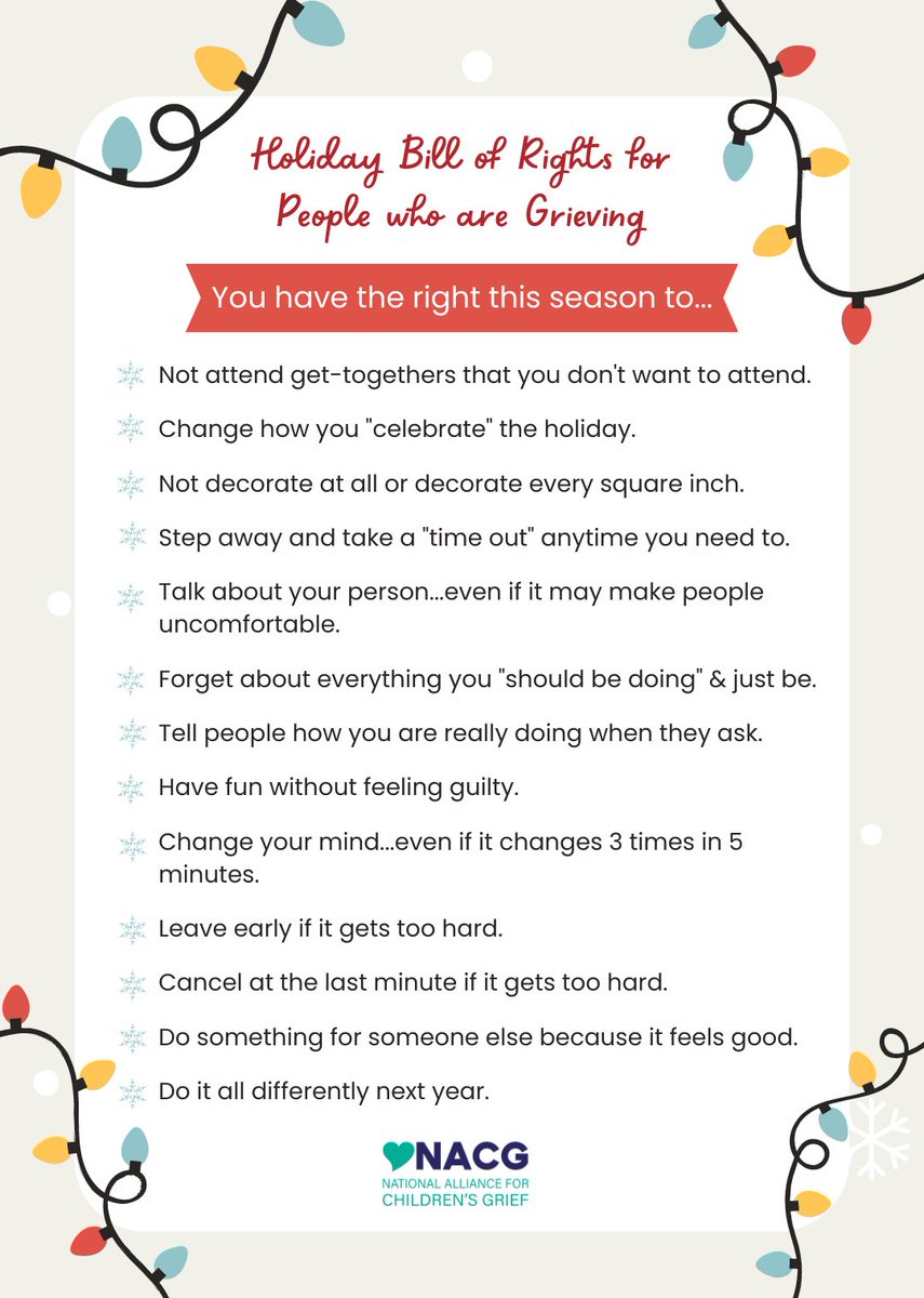 TRainbowInc's tweet photo. Thanks to @NACGnews for creating the Holiday Bill of Rights. The holidays can be a difficult time for grieving families, especially when it is the first year without someone. #tomorrowsrainbow #nonprofit #backtojoy #repost https://t.co/rmFBAcIjdN