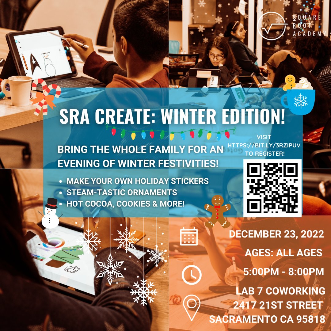 Join us this Friday 12/23 for our SRA Create Winter Holiday Edition! With STEAM-tivities that the whole family can enjoy, come make your own holiday digital stickers, STEAM-tastic ornaments, hot cocoa, cookies &amp; more! See you there! Register now bit.ly/3RzIPUv !