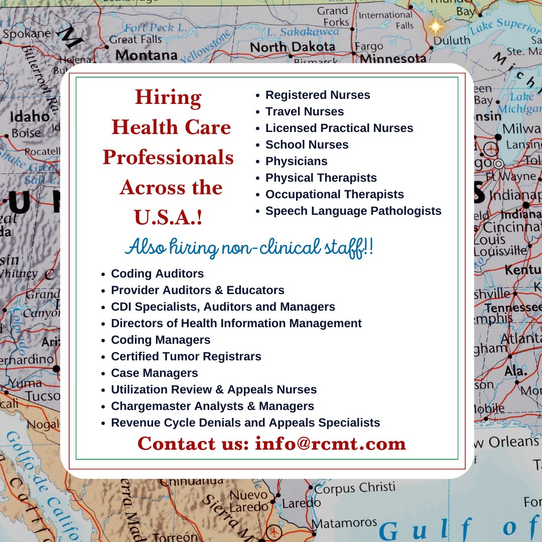 RCMHealthcare's tweet image. Hiring Health Care Professionals all around the U.S.A!
The next new hire could be you! Search for positions here: rcmhealthcare.com/careers/#/

#CodingAuditors #CDISpecialist #CodingManager #AppealsSpecialist #CertifiedTumorRegistrars