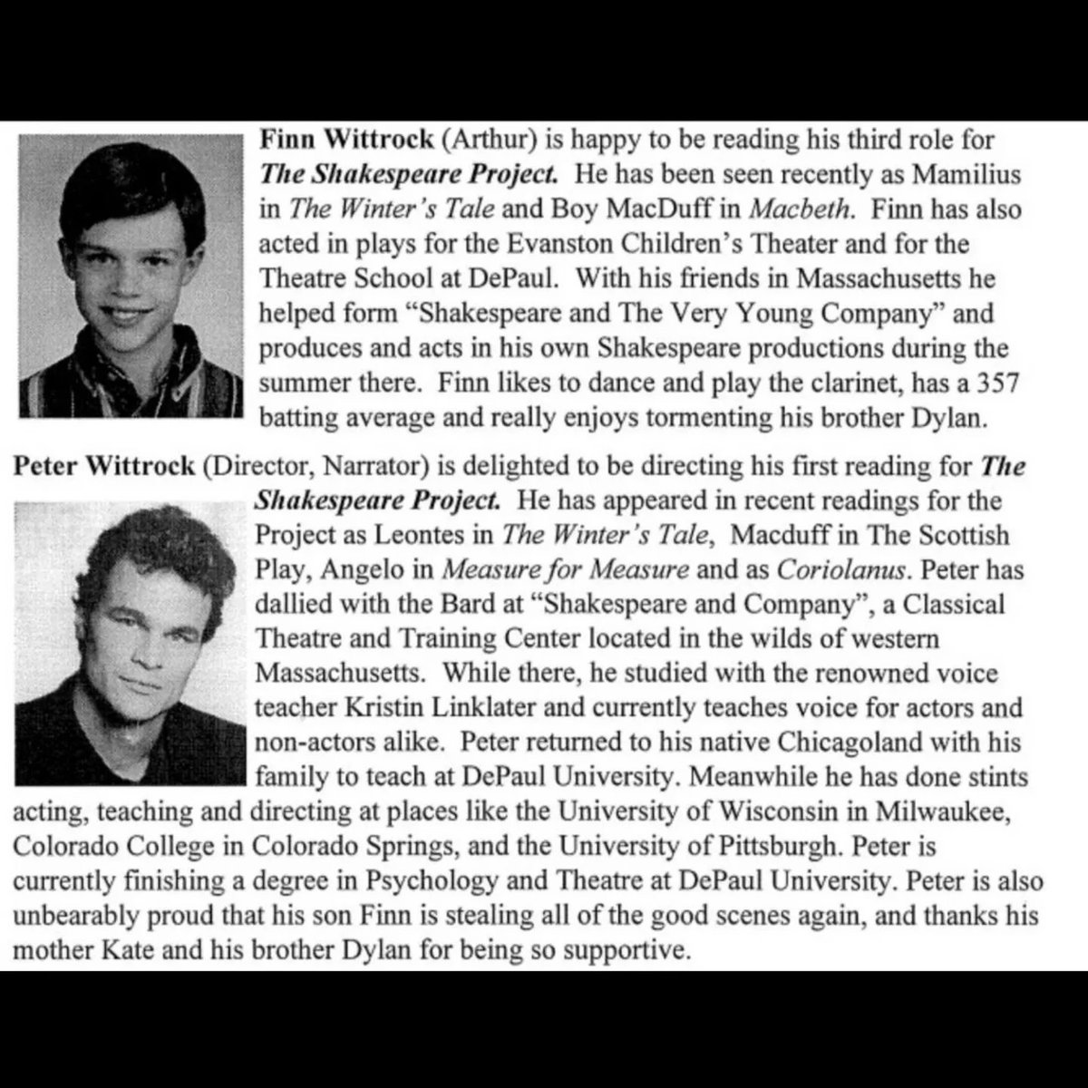 Finn_Wittrock__'s tweet image. ⭐ Throwback to 1997 ⭐
Playbill, #TheShakespeareProject
@FinnWittrock as Arthur and a Messenger Boy in the theatrical reading of 'The Life And Death of King John' for the Shakespeare Project, Chicago, Illinois.
Directed by his father Peter Wittrock.