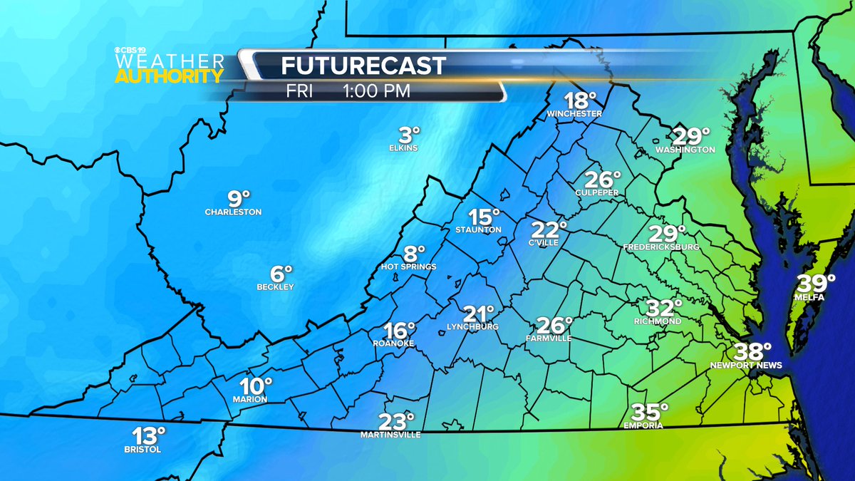How fast will temperatures fall in central Virginia on Friday?

C'ville temps: 7 am: 42° | 1 pm: 22°.

If you are doing holiday travel on Friday I would HIGHLY recommend leaving very early; flash freezing of roads will be possible as early as late morning.
