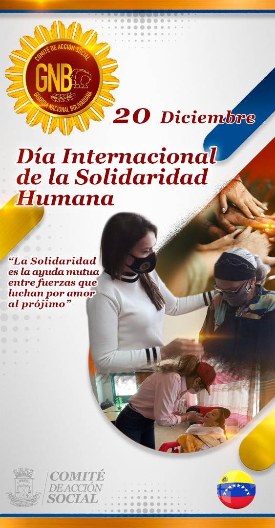 En el Día Internacional de la Solidaridad Humana, el Comité de Acción Social de la GNB, reafirma su compromiso en promover y sensibilizar a la población, sobre la importancia de ser solidario, generoso y dar una mano amiga al más necesitado.  #JuntosLoHacemosPosible