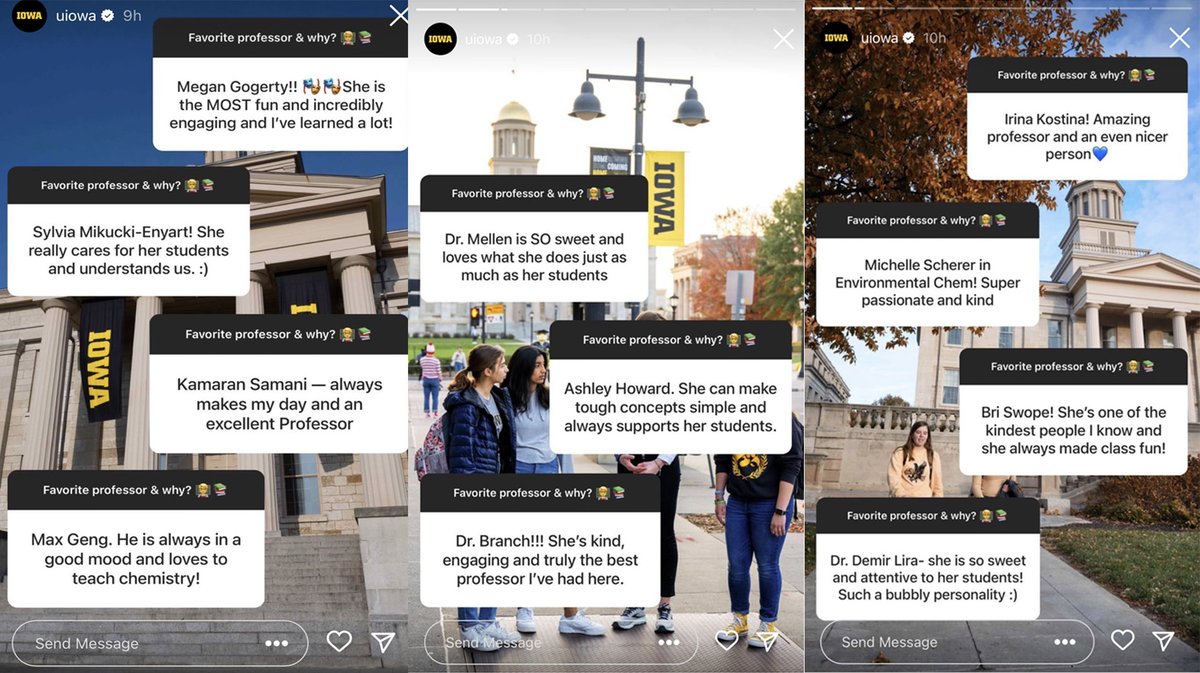 UIowaCLAS's tweet image. In November, @uiowa&apos;s Instagram asked Hawkeyes to name their favorite professor and why. 70+ of the responses mentioned CLAS faculty and lecturers from many of our programs! View the comments: bit.ly/3W7rg0o  🖤 💛