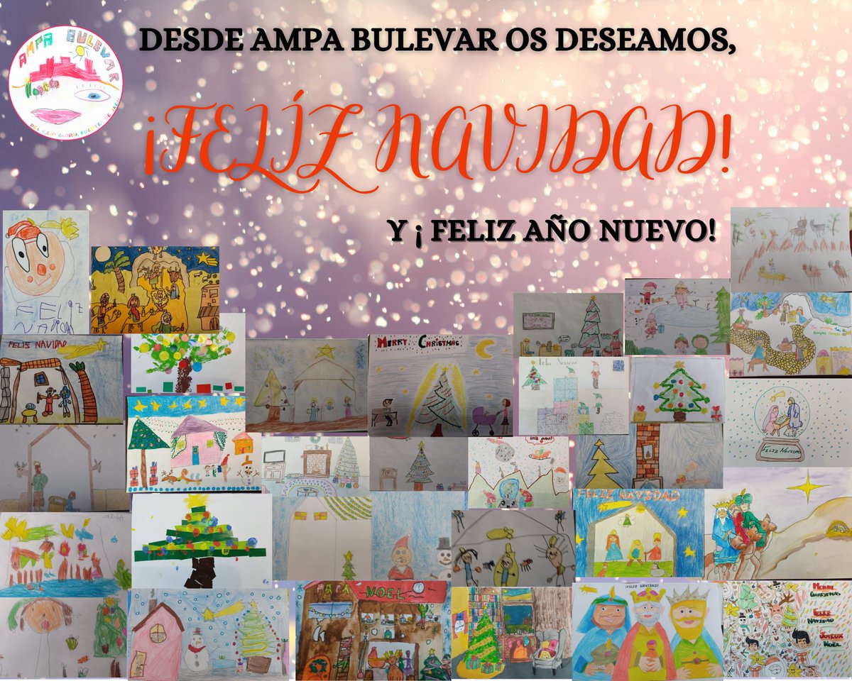 AmpaBulevar's tweet photo. Estimadas familias,
desde la Junta directiva de la AMPA queremos desearos *FELIZ NAVIDAD y PRÓSPERO AÑO NUEVO* ☃️

Hemos realizado la felicitación con los dibujos ganadores del concurso dibuja la Navidad, dad nuestro agradecimiento a vuestros hijos e hijas por la participación 😊 https://t.co/5xYld9DxeZ