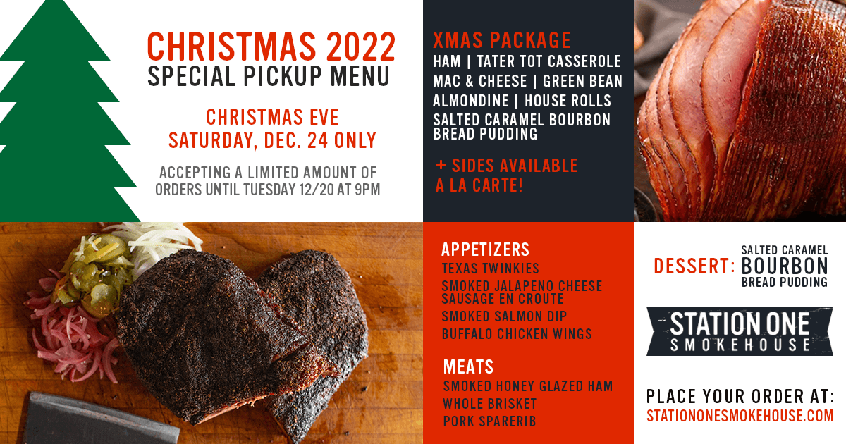 ORDER CUTOFF TONIGHT 9PM!

Taking Christmas orders until 9pm tonight.  All pickups are on 12/24 (food served with reheat instructions).  Order at:

stationonesmokehouse.com/christmas-2022…

Happy Holidays from Station One Smokehouse!