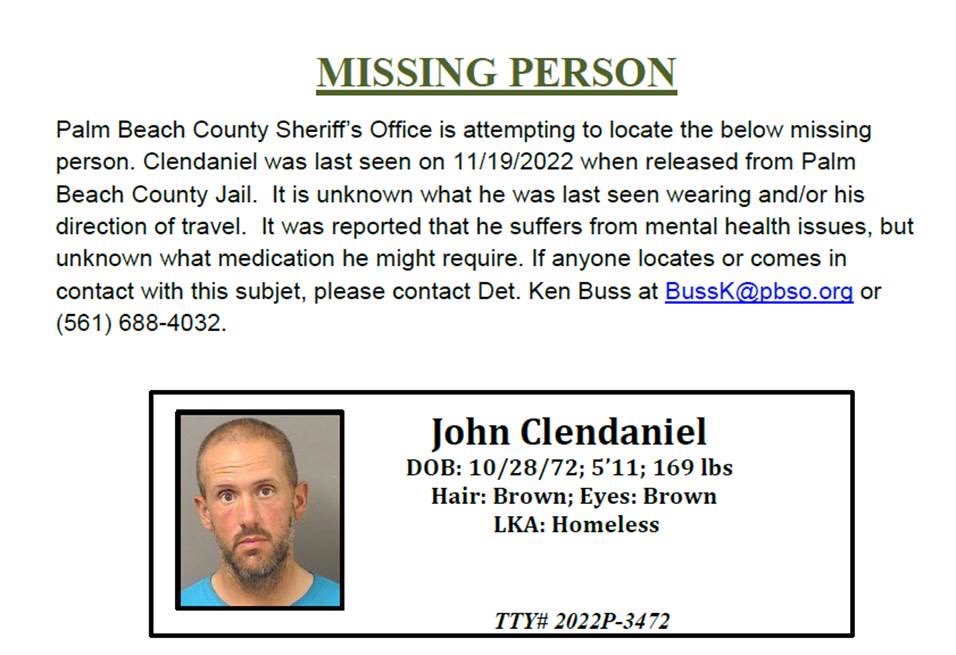 Help us find #missingperson Clendaniel who was last seen on 11/19 when released from the county jail. It's not known what he was wearing or his direction of travel at that time, and he may require medication due to mental health issues. If you have any info, call us.