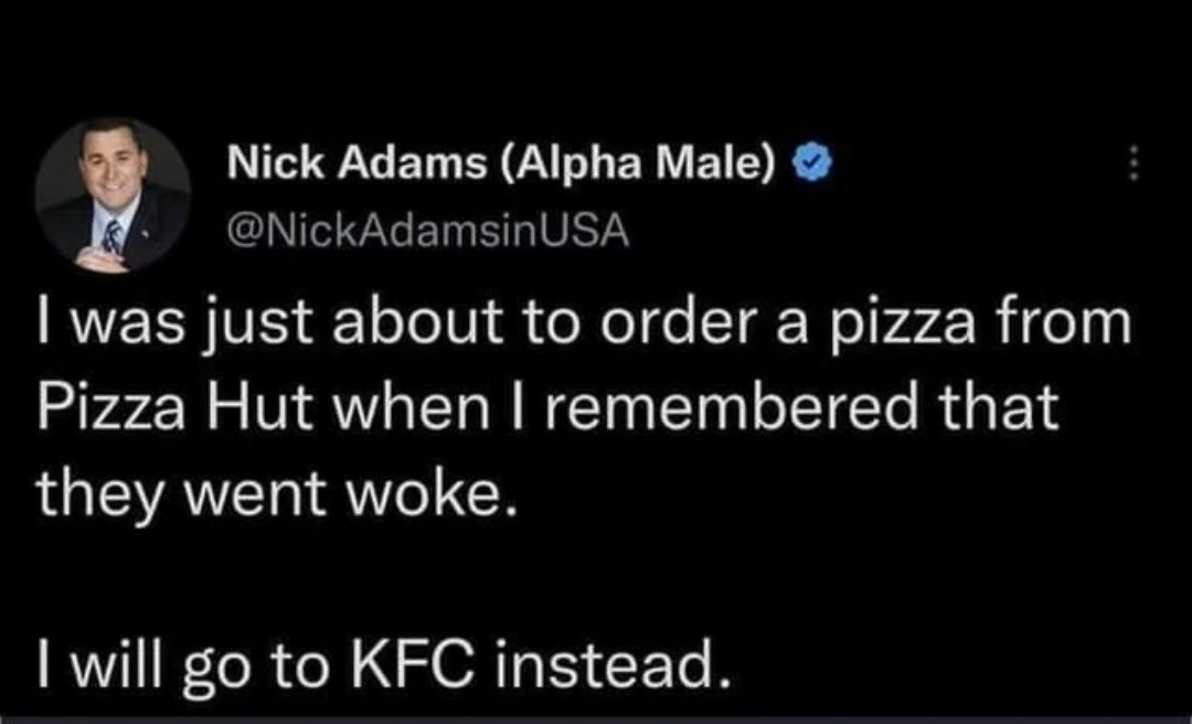 theliamnissan's tweet photo. Would someone please tell this dipshit that Pizza Hut and KFC are owned by the same company? 🤣 https://t.co/E3UqP6VUYs
