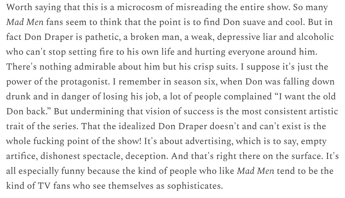 In S1, Joan observes Don never makes a move on her, saying he's so handsome he can find someone outs...