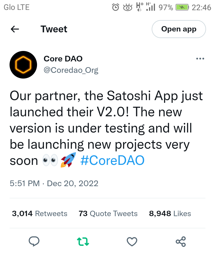 Pi_UpdatesDaily's tweet photo. Official Announcement from @Coredao_Org  
#Satoshi App V2.0 just launched 
The new version is under testing and will be launching new projects very soon https://t.co/vTYjRsqUc6