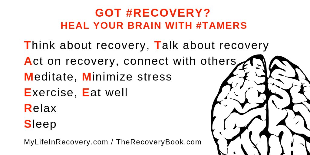 LifeinRecovery2's tweet photo. #SoberHolidays Tip 15 Practice TAMERS every day to heal your brain. #soberposse #sober

Think about recovery, Talk about #recovery.
Act on recovery.
Meditate, Minimize stress. 
Exercise, Eat well. 
Relax.
Sleep. https://t.co/IJE52TYGbR