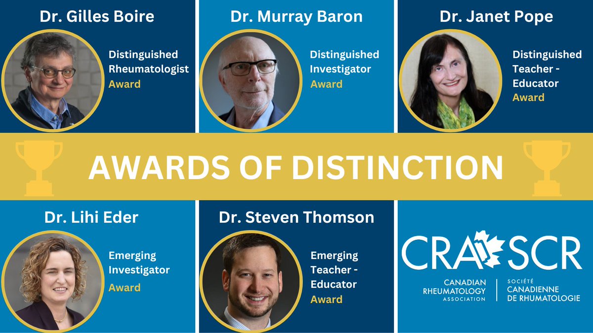 📣 Congratulations to the 2023 CRA Award of Distinction recipients: 👏 Dr. Gilles Boire, Dr. Murray Baron, Dr. @Janetbirdope, Dr. @lihi_eder and Dr. Steven Thomson Read more about these accomplished CRA members and their outstanding contributions: rheum.ca/awards/2023-aw…