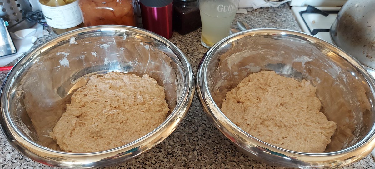 ahappystitcher's tweet image. Bread dough mixed and in a preheated oven (Gas 1 for 1 min) to double in size. A warmed plate replaces clingfilm plus helps the fermentation process especially in the cold winter months.
Then poured into greased tins to prove. #PeasantBread #NoKneadBread