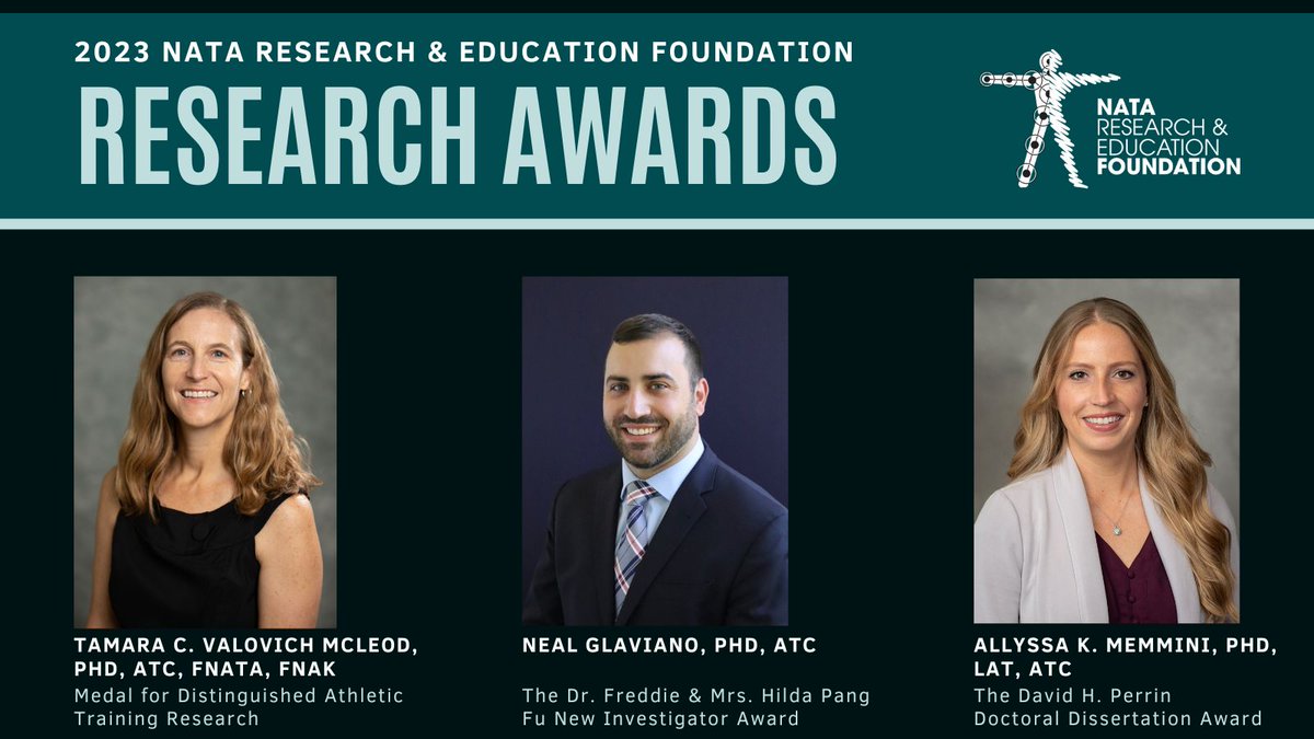 NATAFoundation's tweet photo. Each year, the NATA Foundation recognizes those that excel in areas of research. 

Please help us congratulate the 2023 Research Award Recipients!

🏅Tamara Valovich McLeod, PhD, ATC, FNATA, FNAK
🏆Neal Glaviano, PhD, ATC
🏆Allyssa Memmini, PhD, LAT, ATC

https://t.co/I7cNNKMgcr https://t.co/ncXqYeIDCx