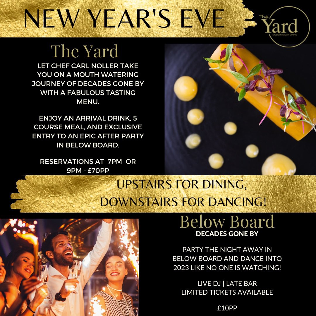 We’re almost fully booked for NYE 🤩 However we have re-opened our bookings for you lovely lot 🙌

Enjoy an arrival drink, a five course tasting menu and dance the night away at an epic after party at Below Board for £70pp 🥂

Book now🎉🎉

theyardrestaurants.co.uk